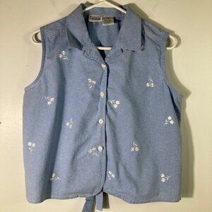 Womens Capacity Petites Sleeveless Chambray Tie Back Vest‎ Shirt  Floral Blue PL